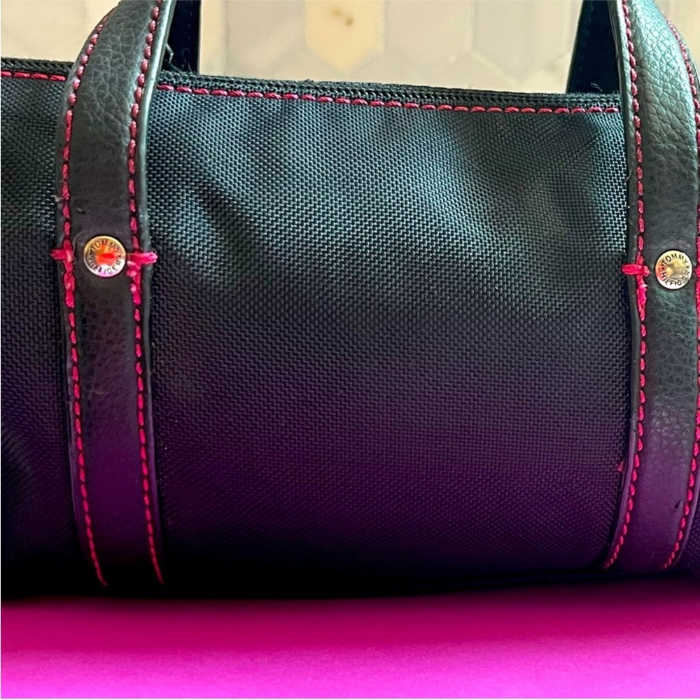 VINTAGE TOMMY HILFIGER MINI DUFFLE Canvas & Leather BAG PURSE 9x3.5x4.5”w/ext.8” - Picture 11 of 16
